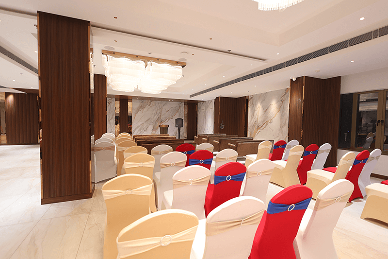 Sri Siddhan B Banquet hall set for an event